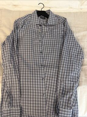 ZEGNA Centoquaranta Twill Blue Check 100% Cotton Button-Up Shirt Size L